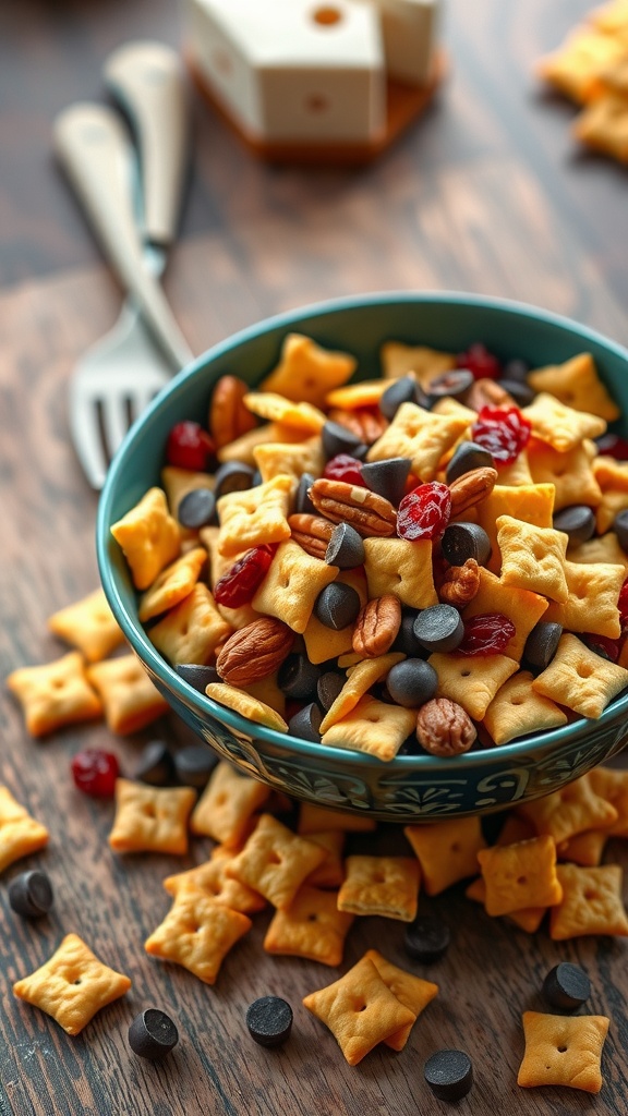 A colorful bowl of mixed snacks including cheese crackers, nuts, cranberries, and chocolate chips on a wooden table.